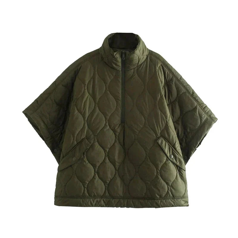 Casaco-capa acolchoado para mulher – poncho quente com gola subida para viagens de inverno e atividades ao ar livre
