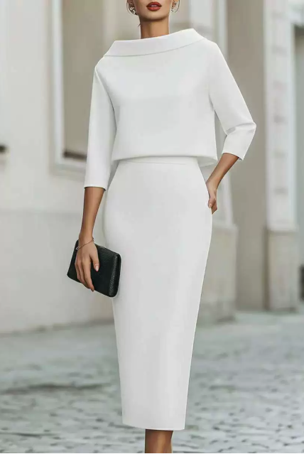 Ensemble deux pièces haut et jupe midi pour femme - tenue élégante à manches trois quarts pour les événements formels et les occasions distinguées