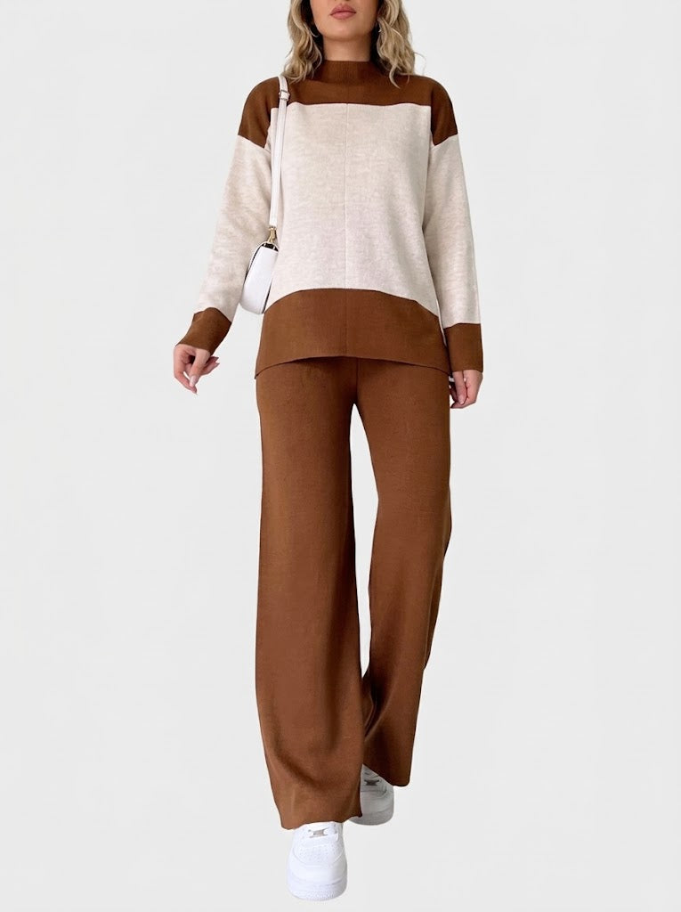 Damen-Strick-Zweiteiler im Colour-Block-Design – Langarmtop mit Stehkragen und Hose mit weitem Bein für legere Looks