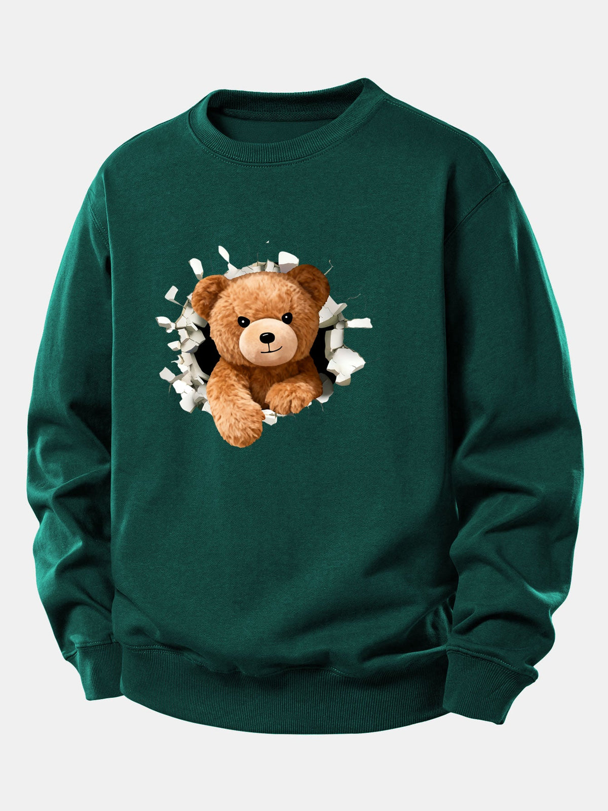 Sweatshirt til mænd med bamse, der bryder gennem en mur – afslappet pasform, bomuldsblanding, rund hals og legende grafik til afslappet streetwear