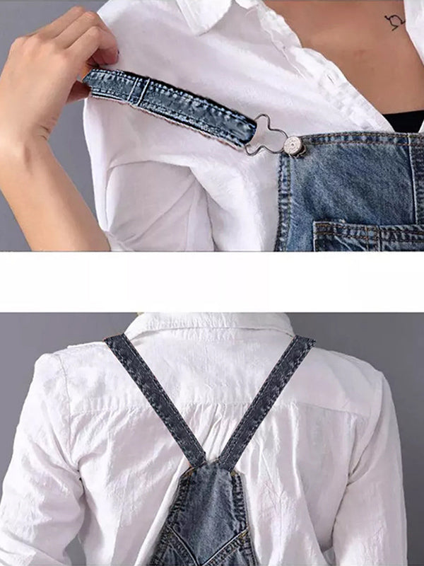 Vestido Maxi Pinafore de Ganga Desgastada para Mulher com Bolsos