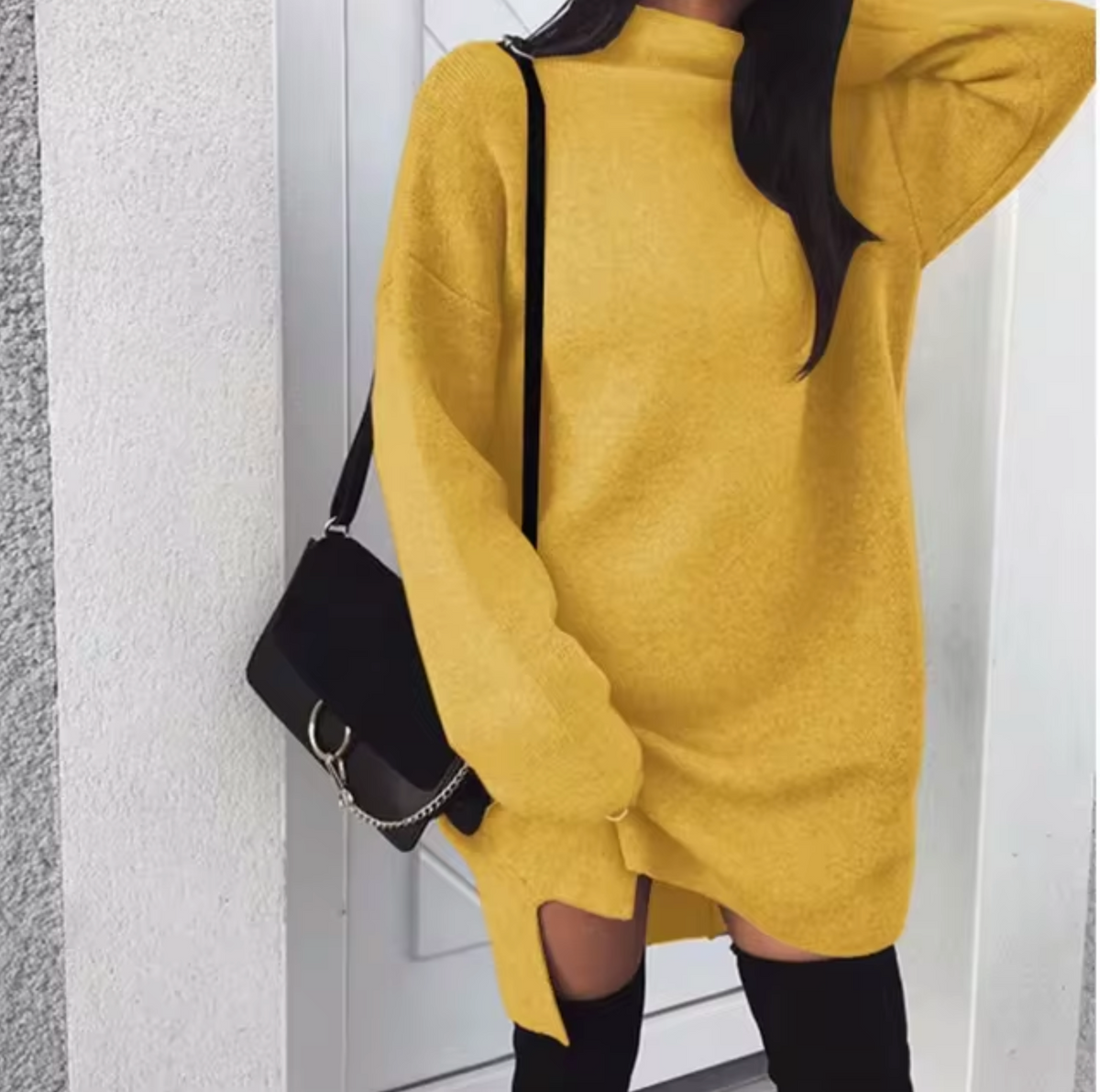 Robe-pull en laine et cachemire pour femme, avec col montant et fentes latérales – Style mini ample en maille pour une tenue douillette en automne et en hiver