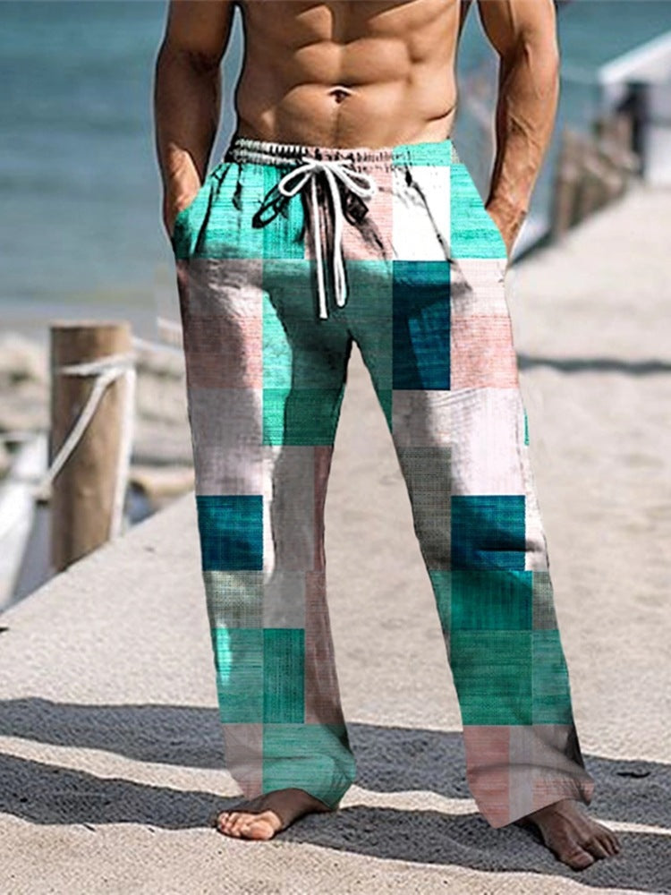 Men’s Patchwork Cotton-Linen Trousers – Relaxed Drawstring Pants for Casual Summer Wear