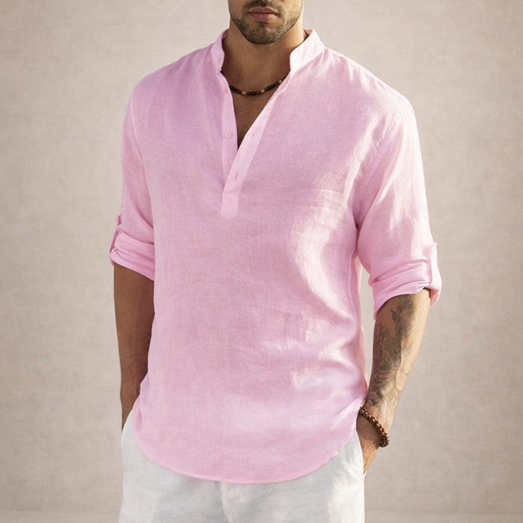 Camicia da uomo in lino con abbottonatura aperta, maniche arrotolate, vestibilità resort