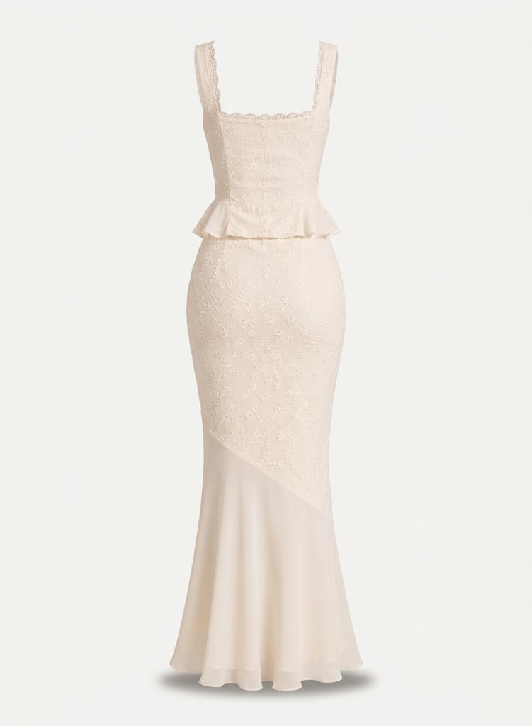 Women’s Lace Two-Piece Skirt Set – Fitted Peplum Top with Flared Maxi Skirt for Weddings and Summer Occasions