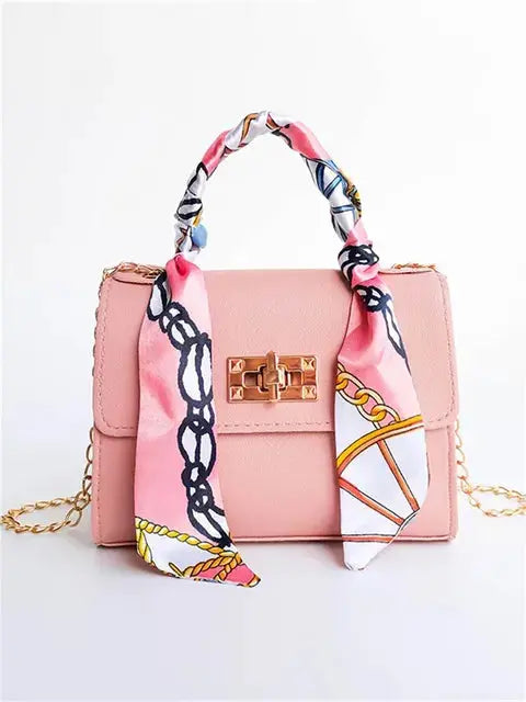 Women’s Structured Chain Handbag Printed Scarf Handle Shoulder Bag