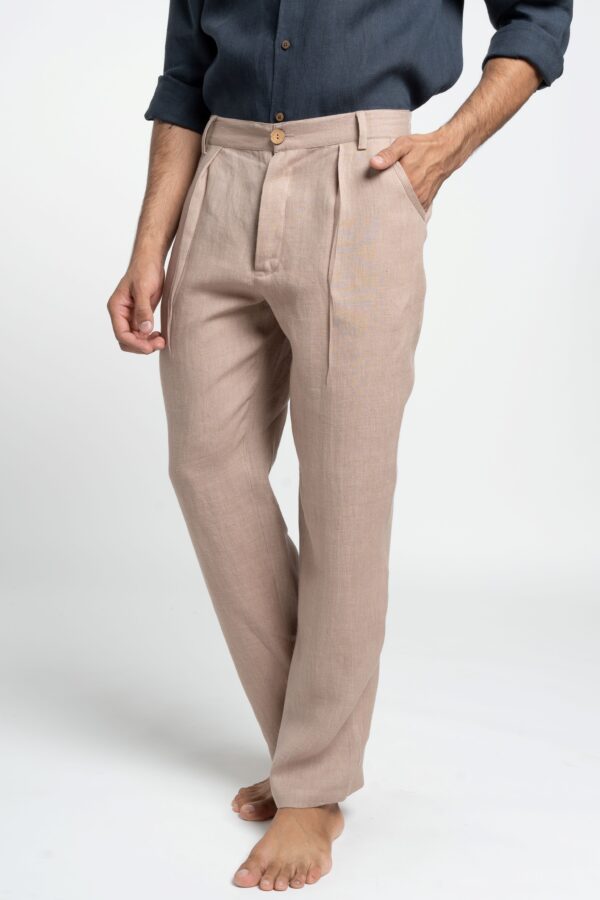 Men’s Pleated Linen Blend Trousers Relaxed Tailored Summer Fit