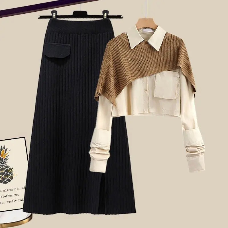 Dámská zimní třídílná vrstvená souprava – košile s límečkem, pletený přehoz přes ramena a žebrovaná maxi sukně pro elegantní sezónní styling