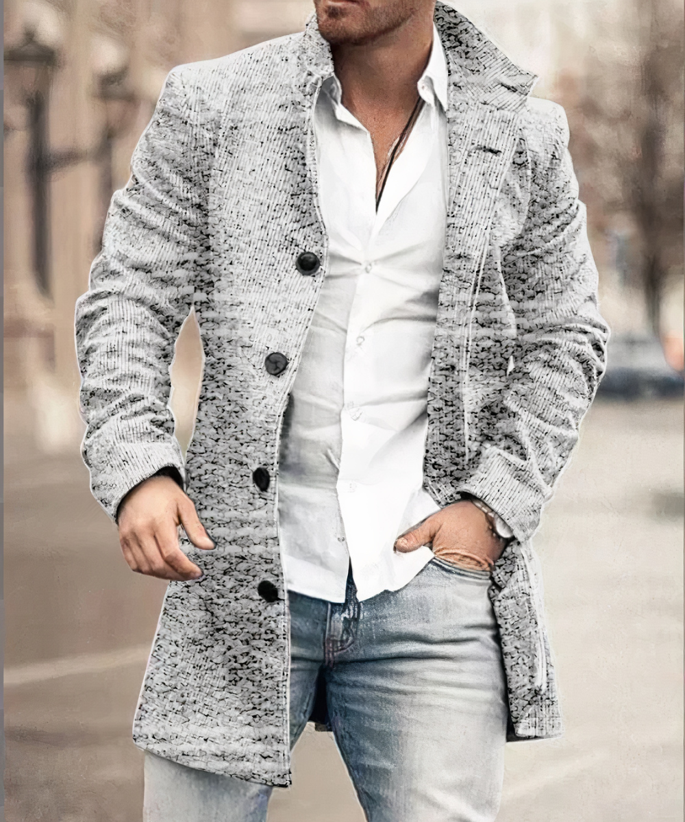 Men’s Single-Breasted Mid-Length Overcoat – Textured Tailored Layer with High Collar and Button Front