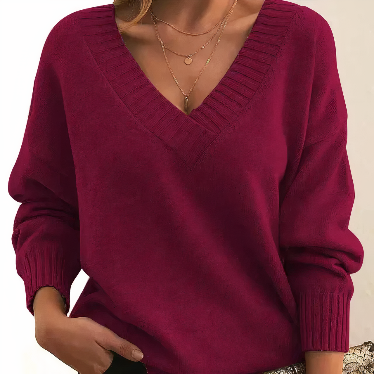 Camisola de caxemira para mulher com decote em V e mangas balão descontraídas
