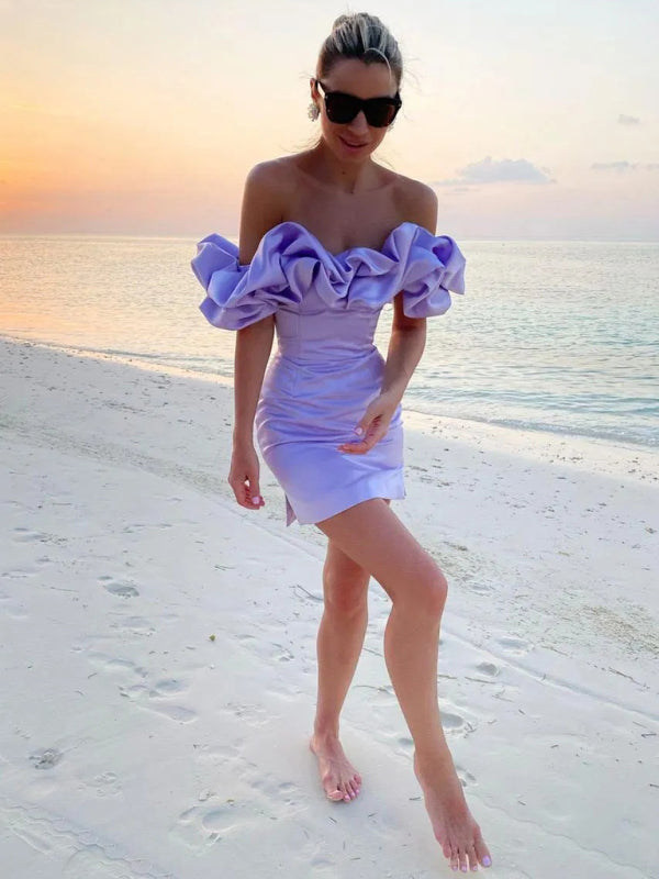 Women’s Off-Shoulder Ruffle Mini Dress – Satin Party Style for Summer Events