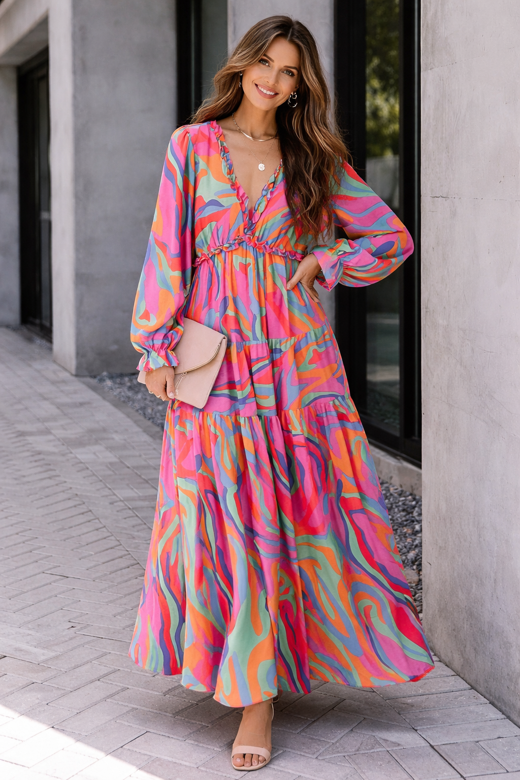 Vestido largo floral para mujer con escote en V, volantes y mangas largas fluidas