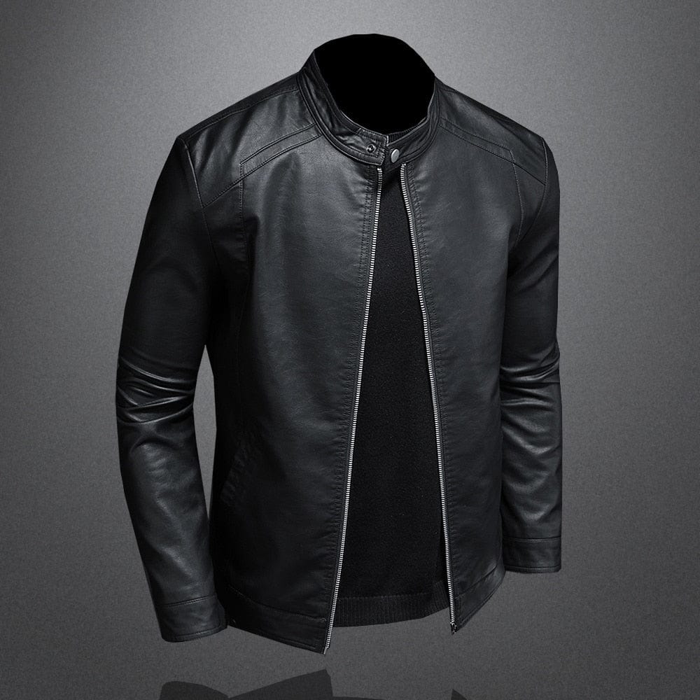 Men’s Faux-Leather Band-Collar Jacket – Clean Everyday Layer for Smart Casual Wear