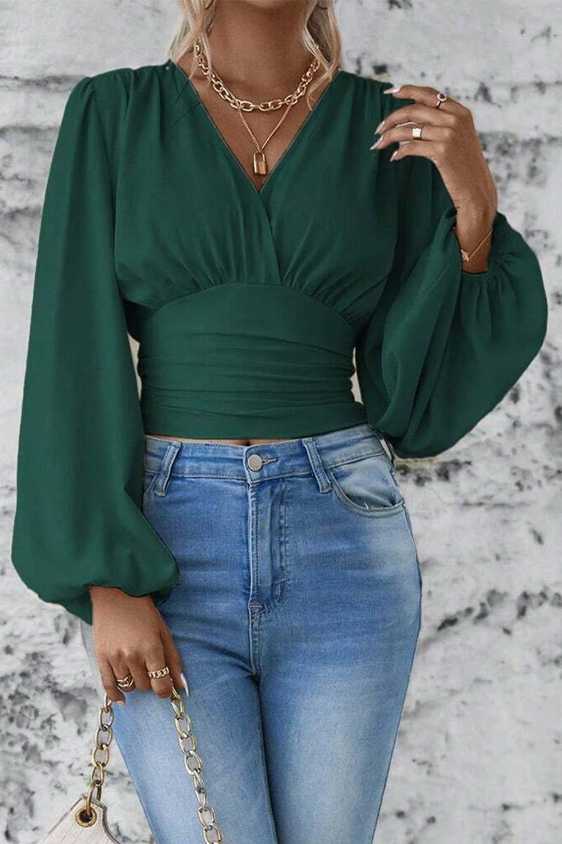 Elegante damesblouse met V-hals, gerimpelde taille en ballonmouwen – getailleerde top met lange mouwen voor kantoor en nette casual kleding