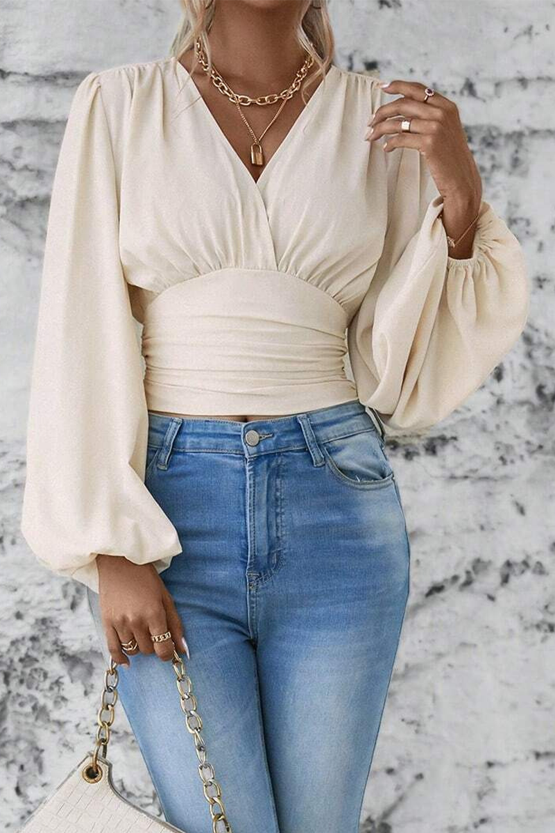 Elegante damesblouse met V-hals, gerimpelde taille en ballonmouwen – getailleerde top met lange mouwen voor kantoor en nette casual kleding