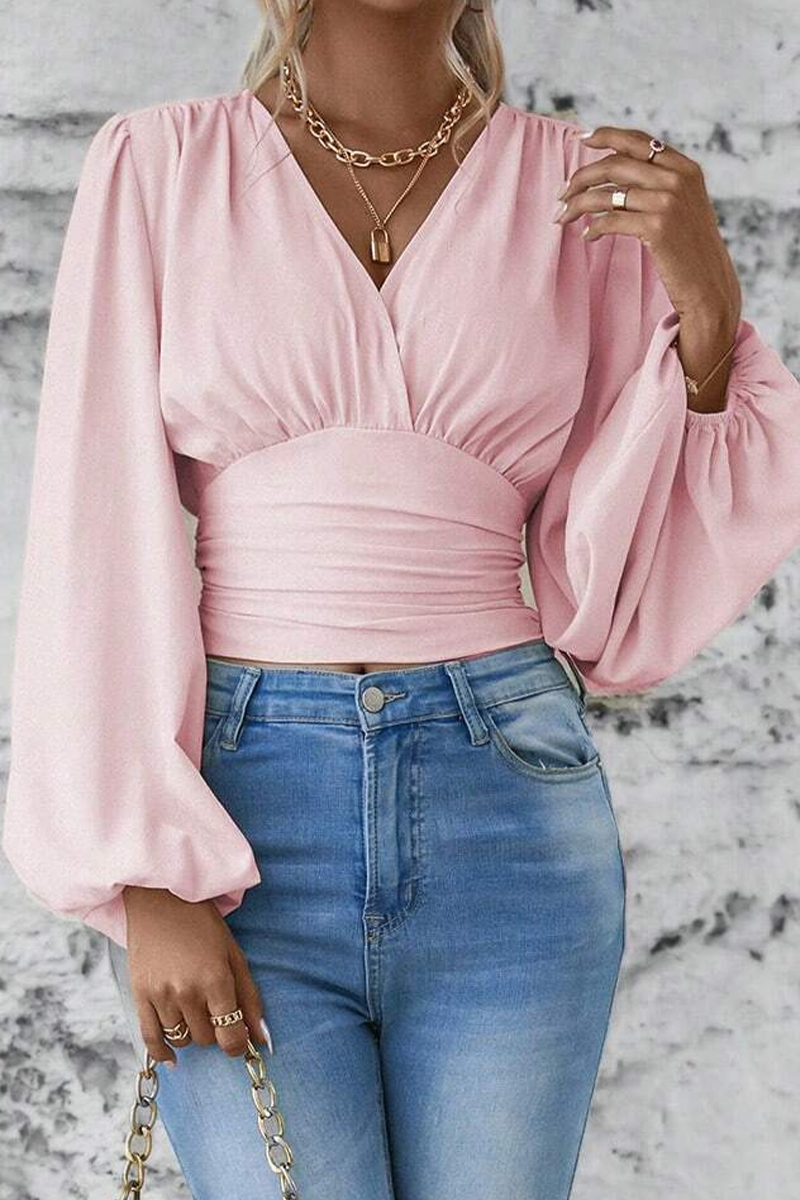 Elegante damesblouse met V-hals, gerimpelde taille en ballonmouwen – getailleerde top met lange mouwen voor kantoor en nette casual kleding