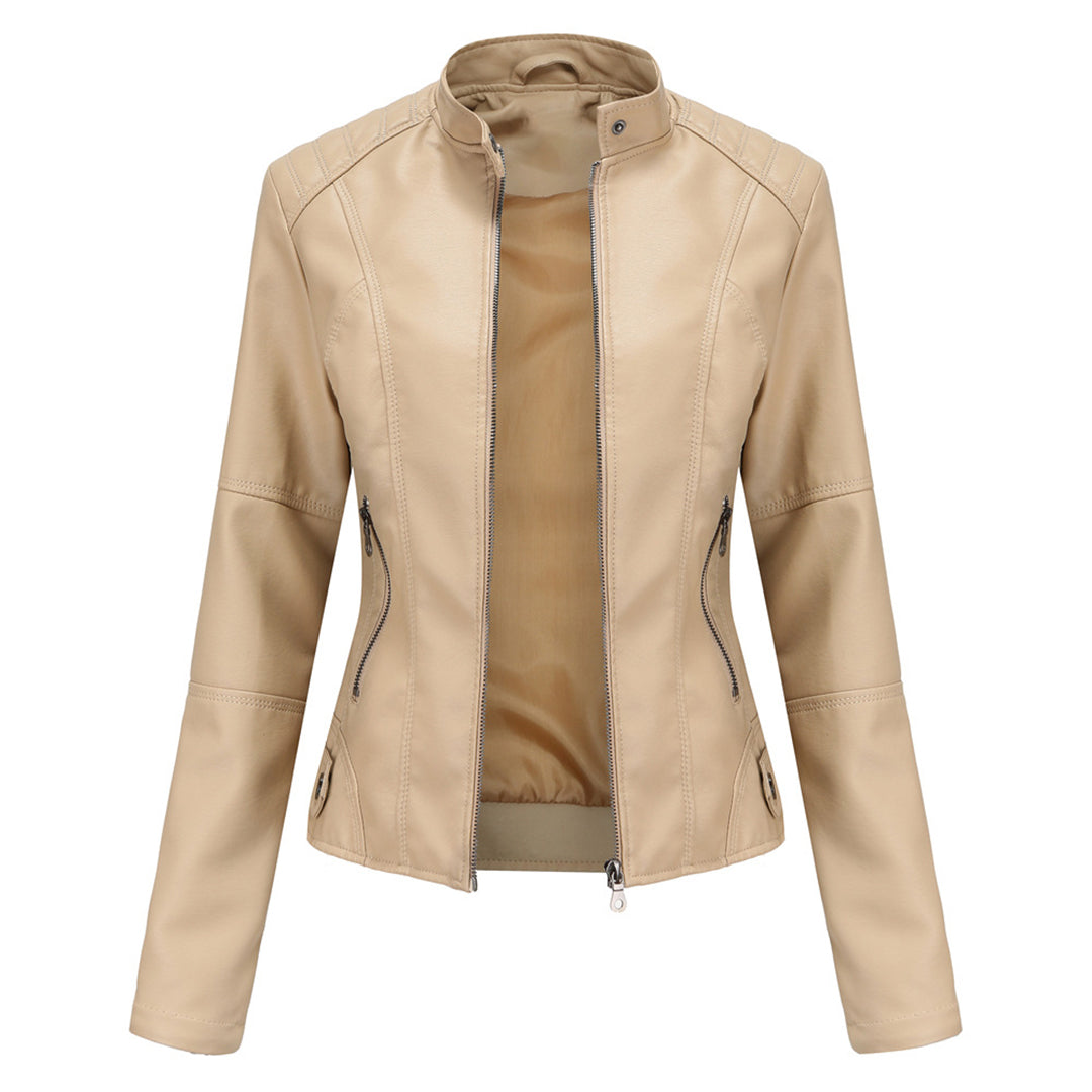 Women’s Faux Leather Biker Jacket – Fitted Zip-Up Layer for Autumn City Wear
