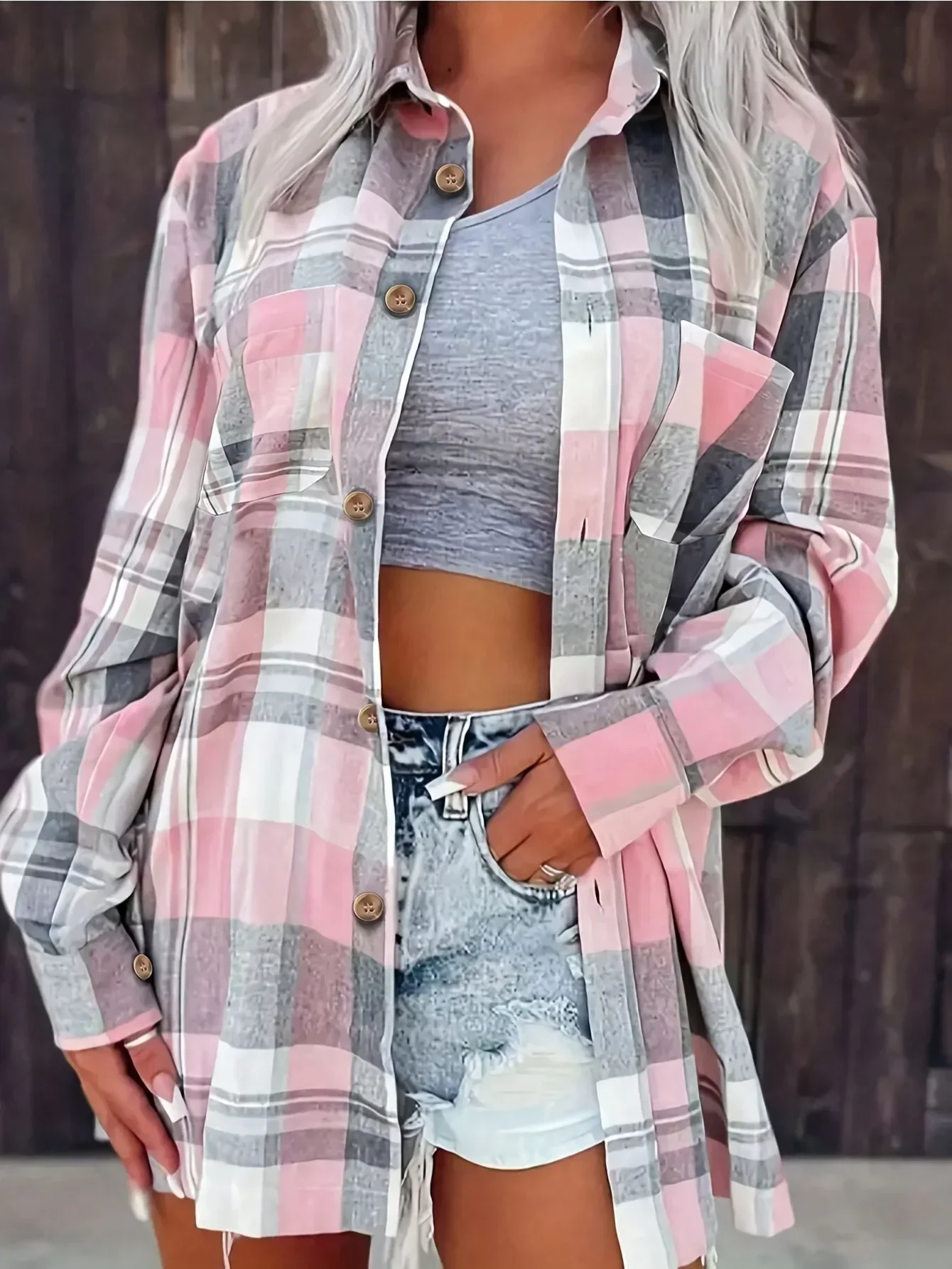 Camisa de franela de cuadros para mujer, de corte oversize y con botones delanteros