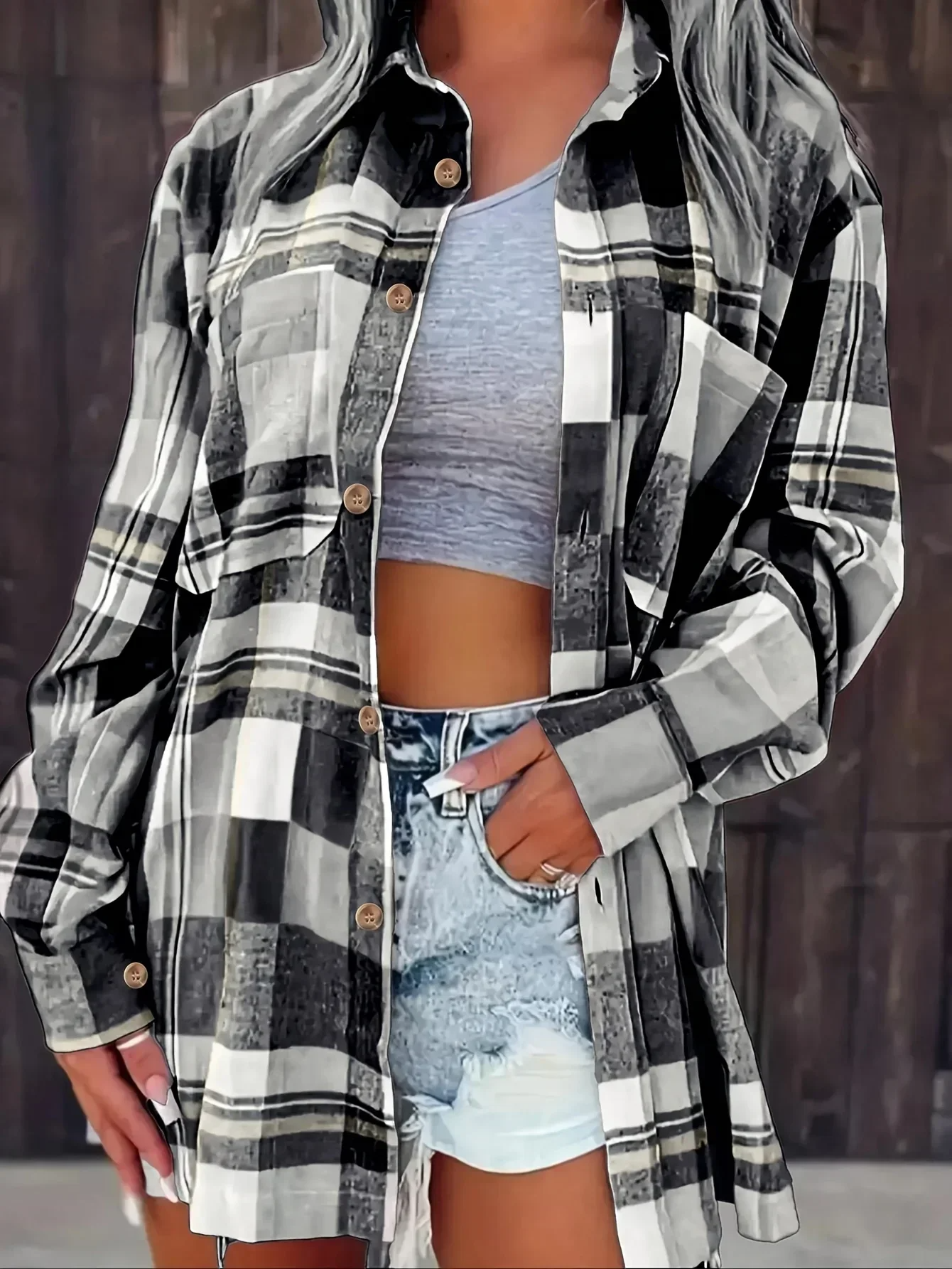 Camisa de franela de cuadros para mujer, de corte oversize y con botones delanteros