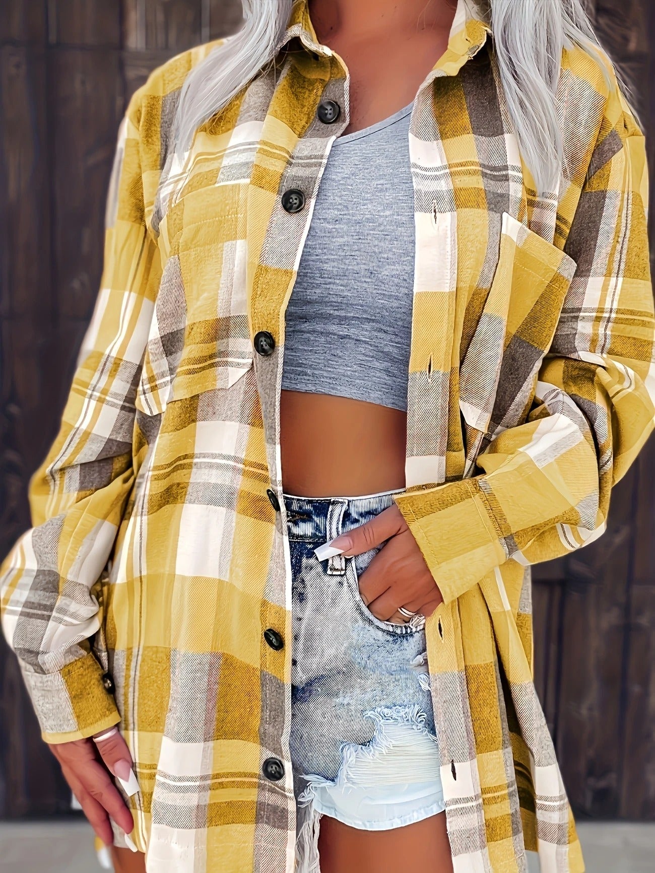 Camisa de franela de cuadros para mujer, de corte oversize y con botones delanteros