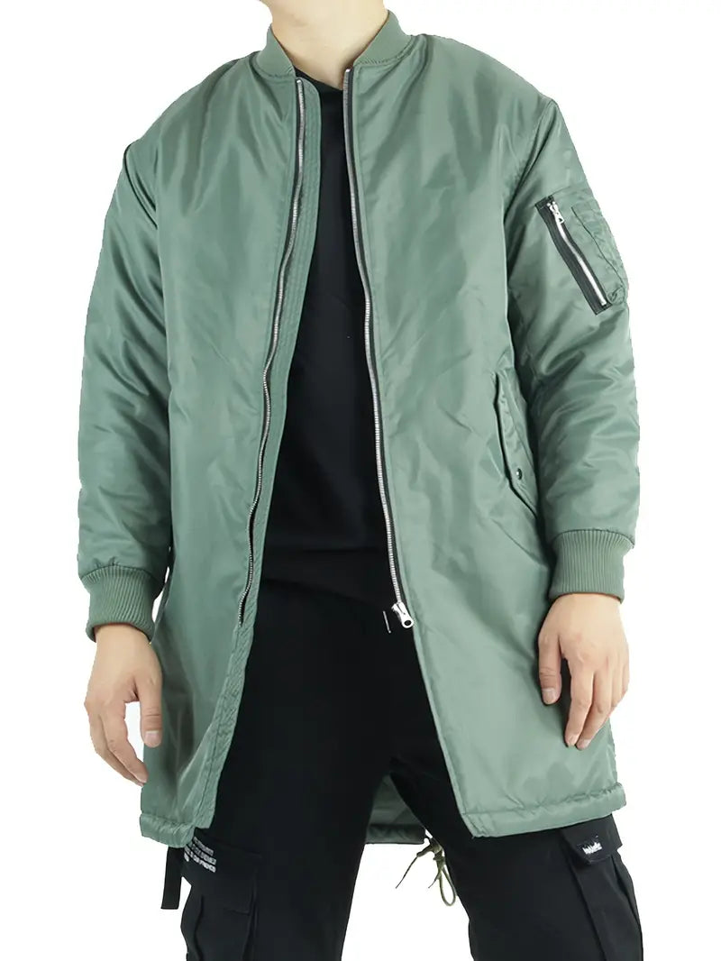Men’s Longline Thermal Bomber Jacket – Wind-Resistant Zip-Up Layer for Casual Autumn Winter Streetwear City Travel and Everyday Cold-Weather Dressing