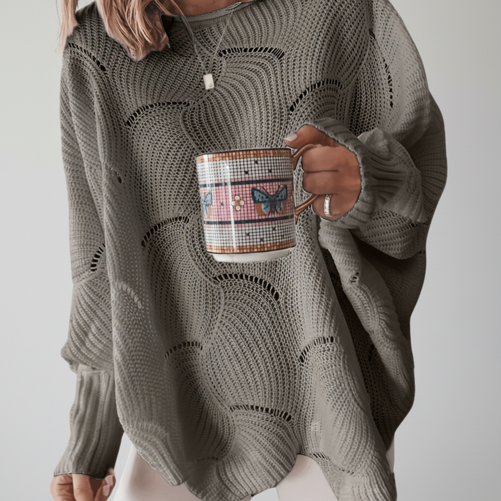 Suéter de punto abierto oversize para mujer con dobladillo asimétrico drapeado