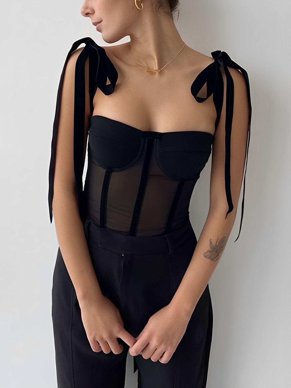 Damescorsettop van mesh met schouderbandjes met strik - aansluitende sweetheart-halslijn voor elegante avondlooks