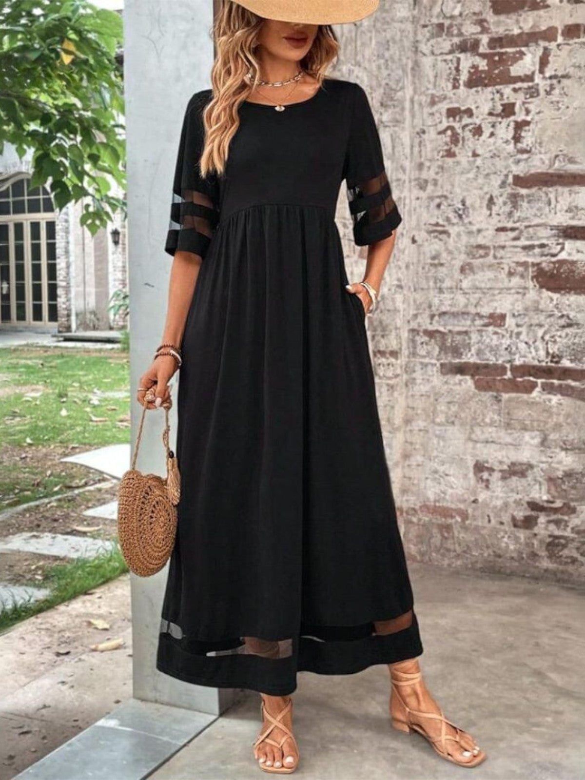 Women’s Sheer Panel Maxi Dress – Short Sleeve Summer Dress for Elegant Occasions