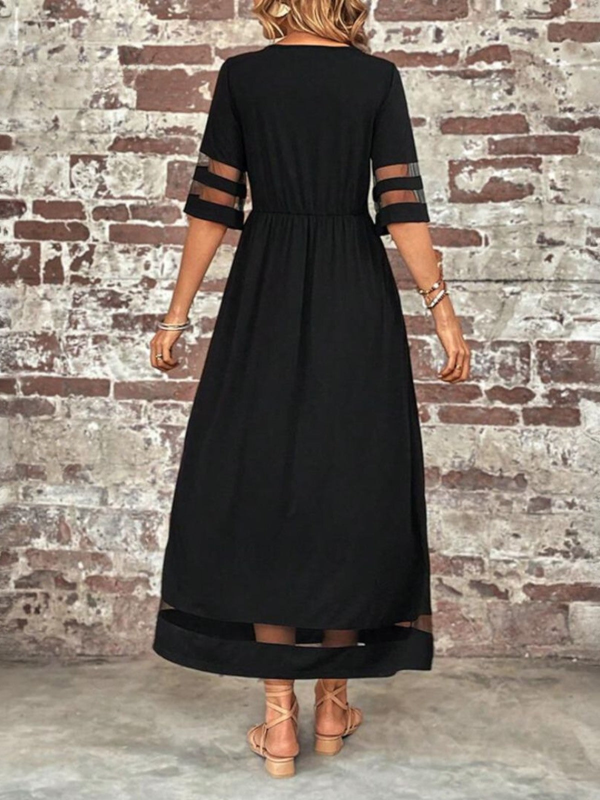 Women’s Sheer Panel Maxi Dress – Short Sleeve Summer Dress for Elegant Occasions