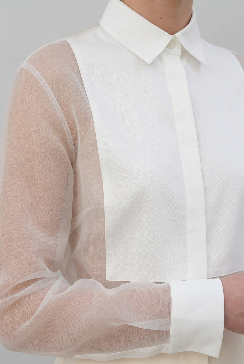 Női elegáns, áttetsző organza blúz puffos ujjakkal, klasszikus magas gallérral és széles, gombos mandzsettákkal – kifinomult, hosszú ujjú alkalmi felső laza szabással elegáns hétköznapi irodai viselethez és esti alkalmakra