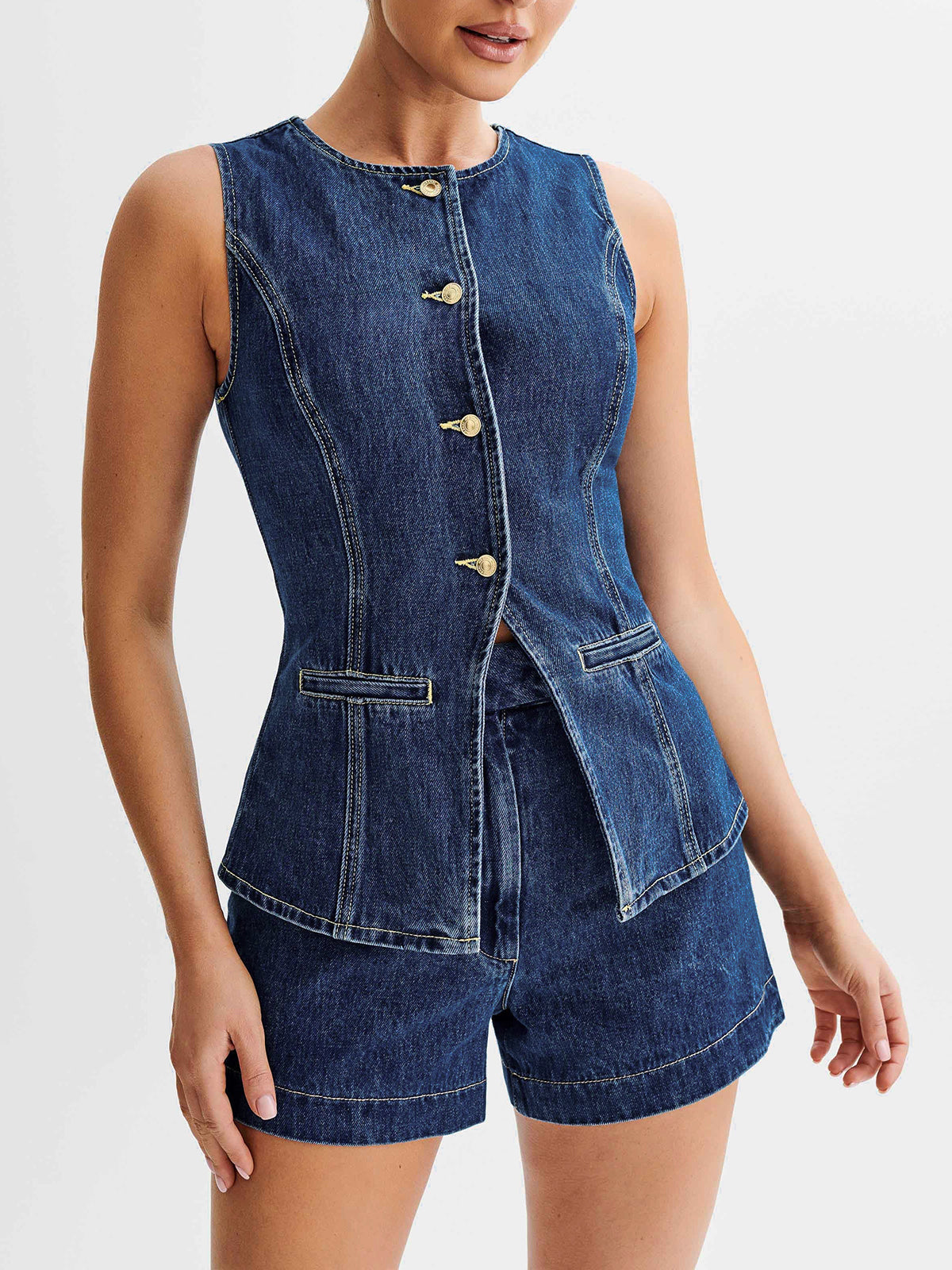 Women’s Sleeveless Denim Vest and Shorts Two-Piece Set