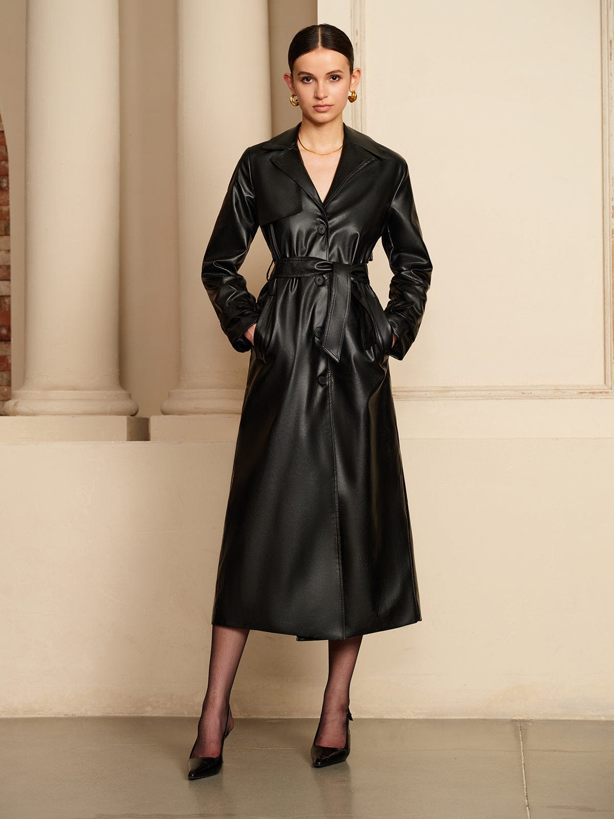 Luxury Leather Look Lightweight Summer Jacket for Women Elegant Belted Button Up Design