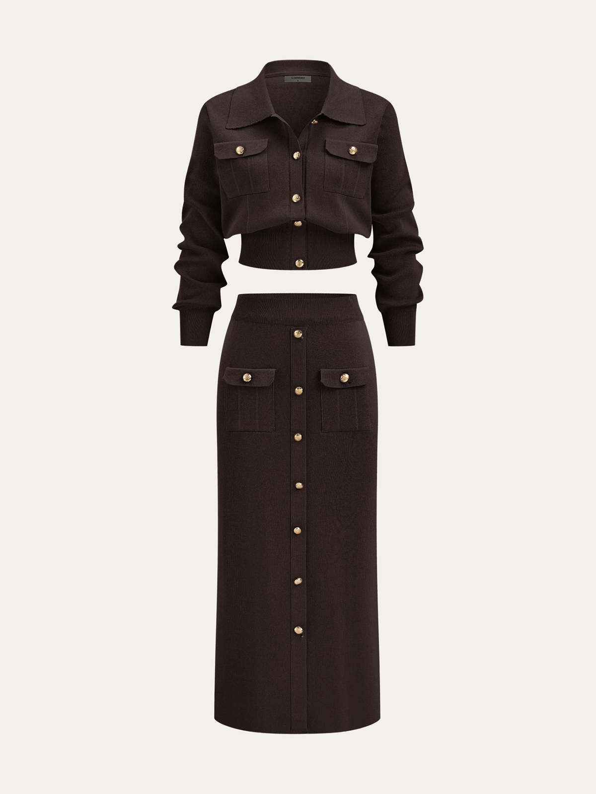 Conjunto de senhora com casaco de malha com gola e saia midi com botões à frente - conjunto elegante de duas peças para o escritório e o outono