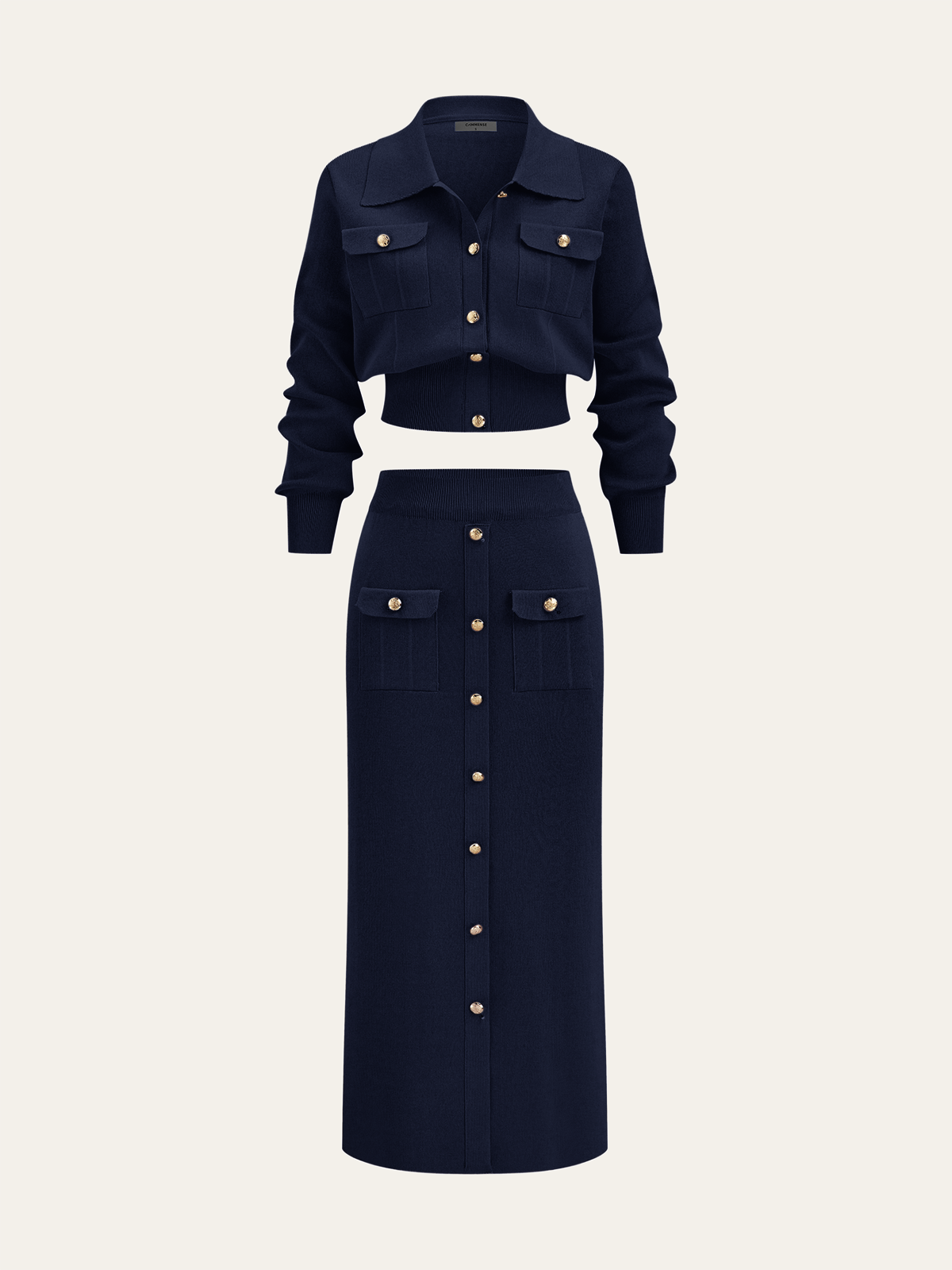 Conjunto de senhora com casaco de malha com gola e saia midi com botões à frente - conjunto elegante de duas peças para o escritório e o outono