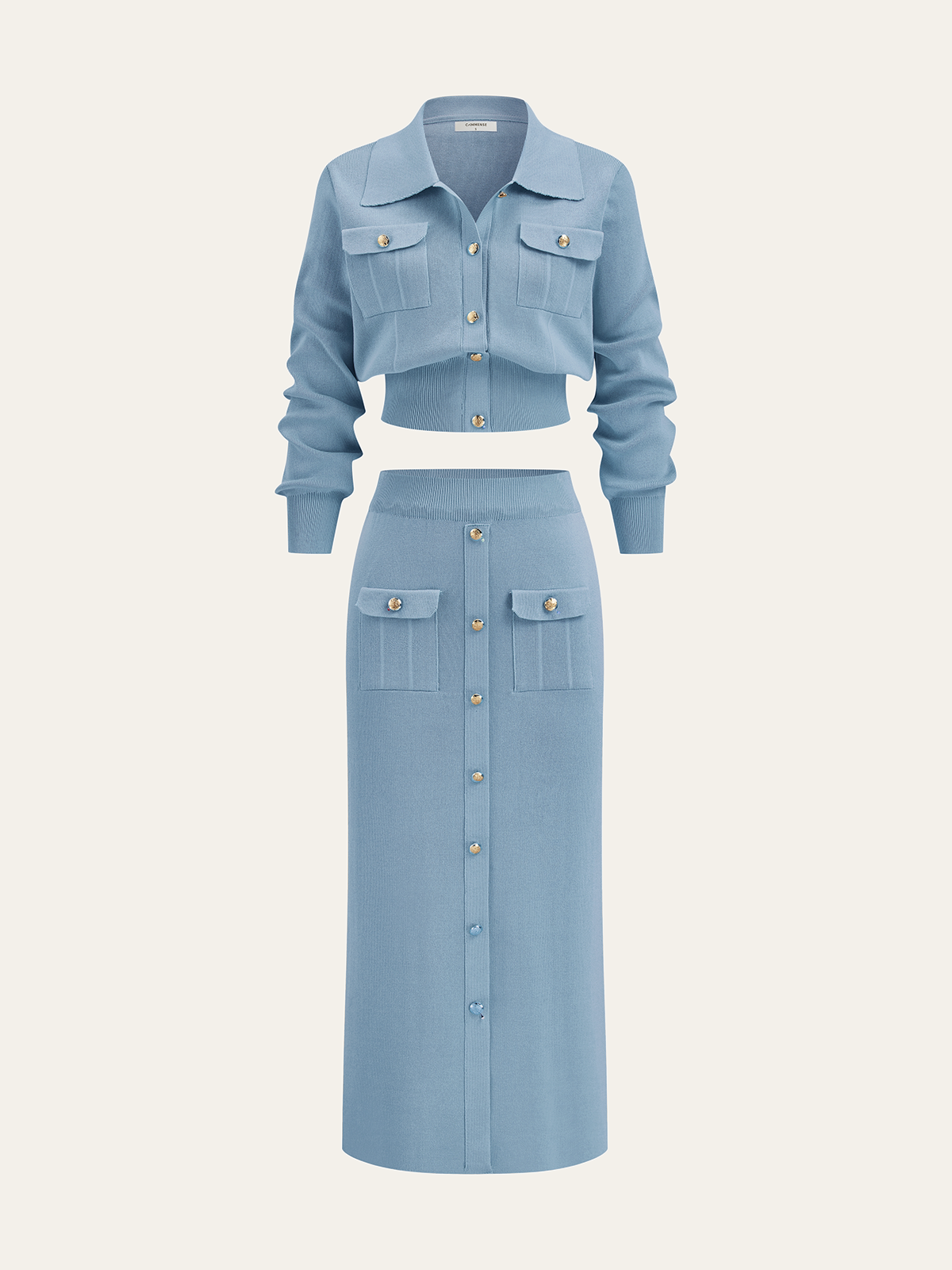 Conjunto de senhora com casaco de malha com gola e saia midi com botões à frente - conjunto elegante de duas peças para o escritório e o outono