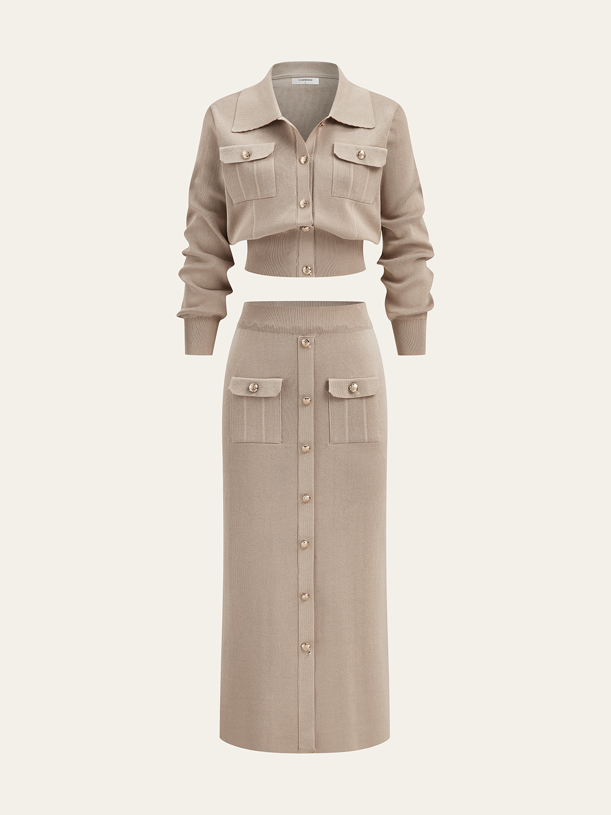 Conjunto de senhora com casaco de malha com gola e saia midi com botões à frente - conjunto elegante de duas peças para o escritório e o outono