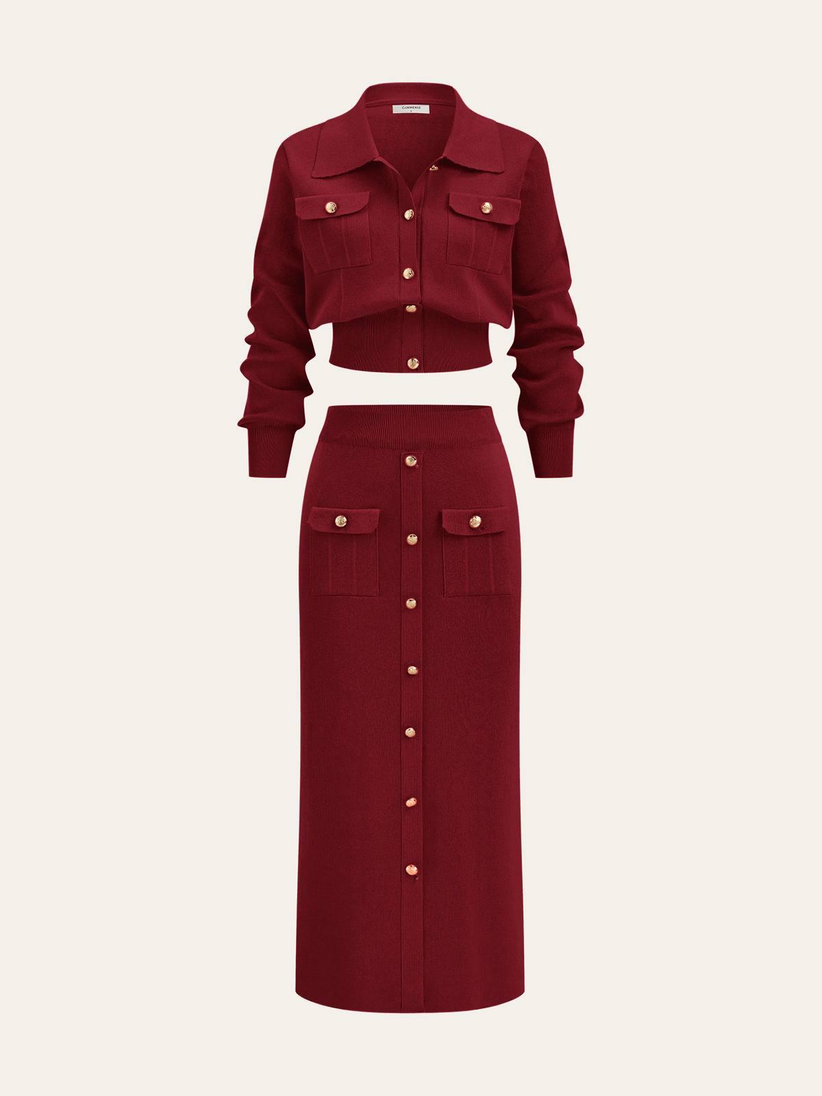 Conjunto de senhora com casaco de malha com gola e saia midi com botões à frente - conjunto elegante de duas peças para o escritório e o outono