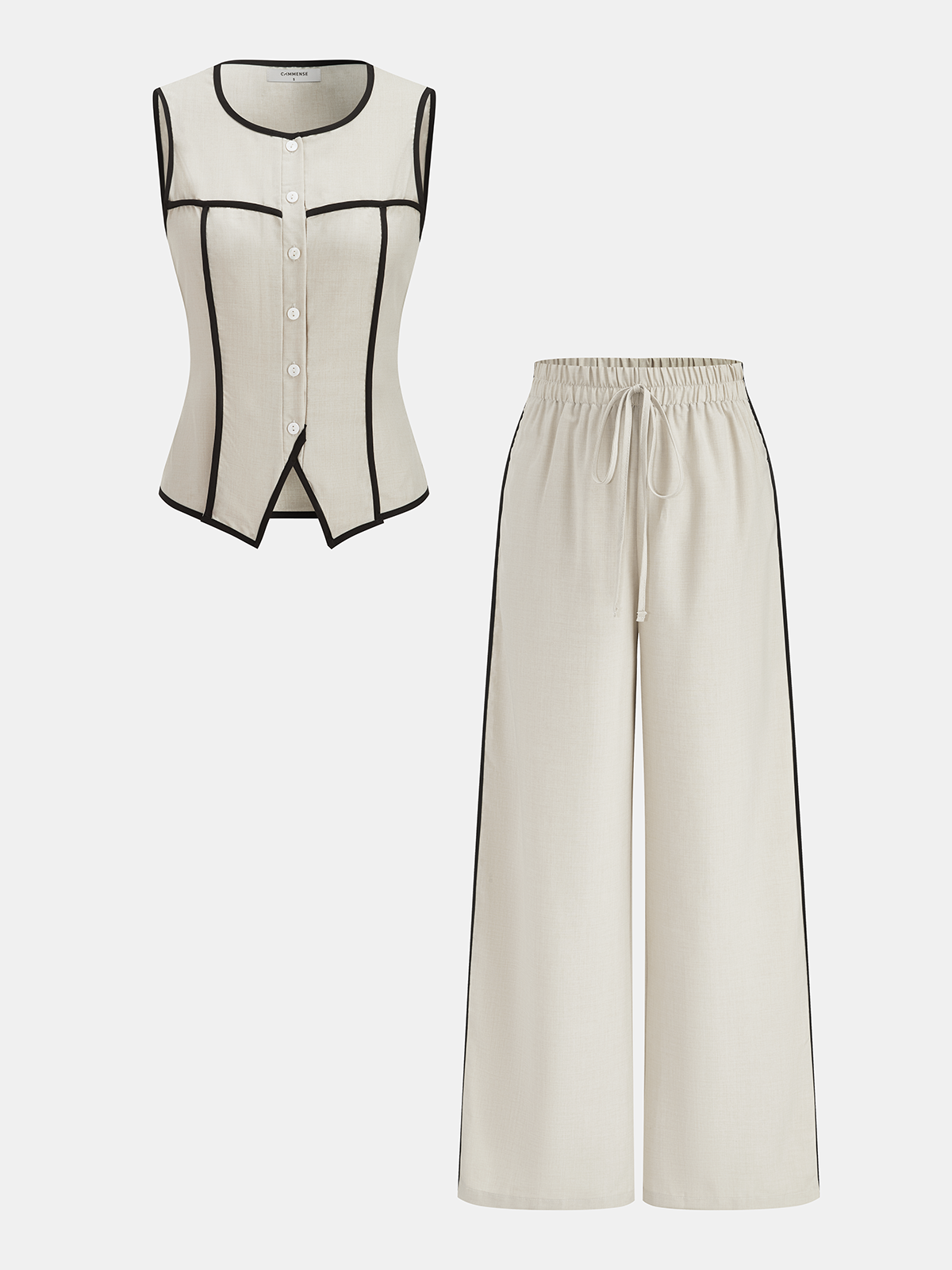 Conjunto feminino de colete cintado sem mangas e calças de perna larga - colete com botões à frente e cintura com cordão para um estilo smart casual de verão