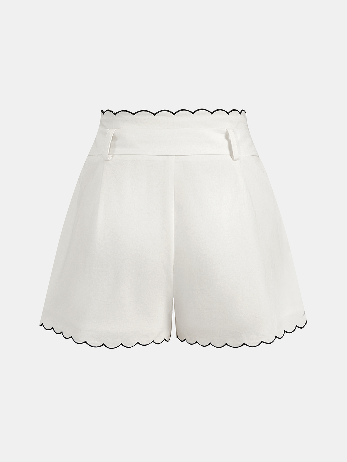 Set de vară din două piese pentru femei, din bumbac, cu bordură festonată - bluză cu mâneci bufante și nasturi în față și pantaloni scurți croiți cu talie înaltă pentru ținute smart casual