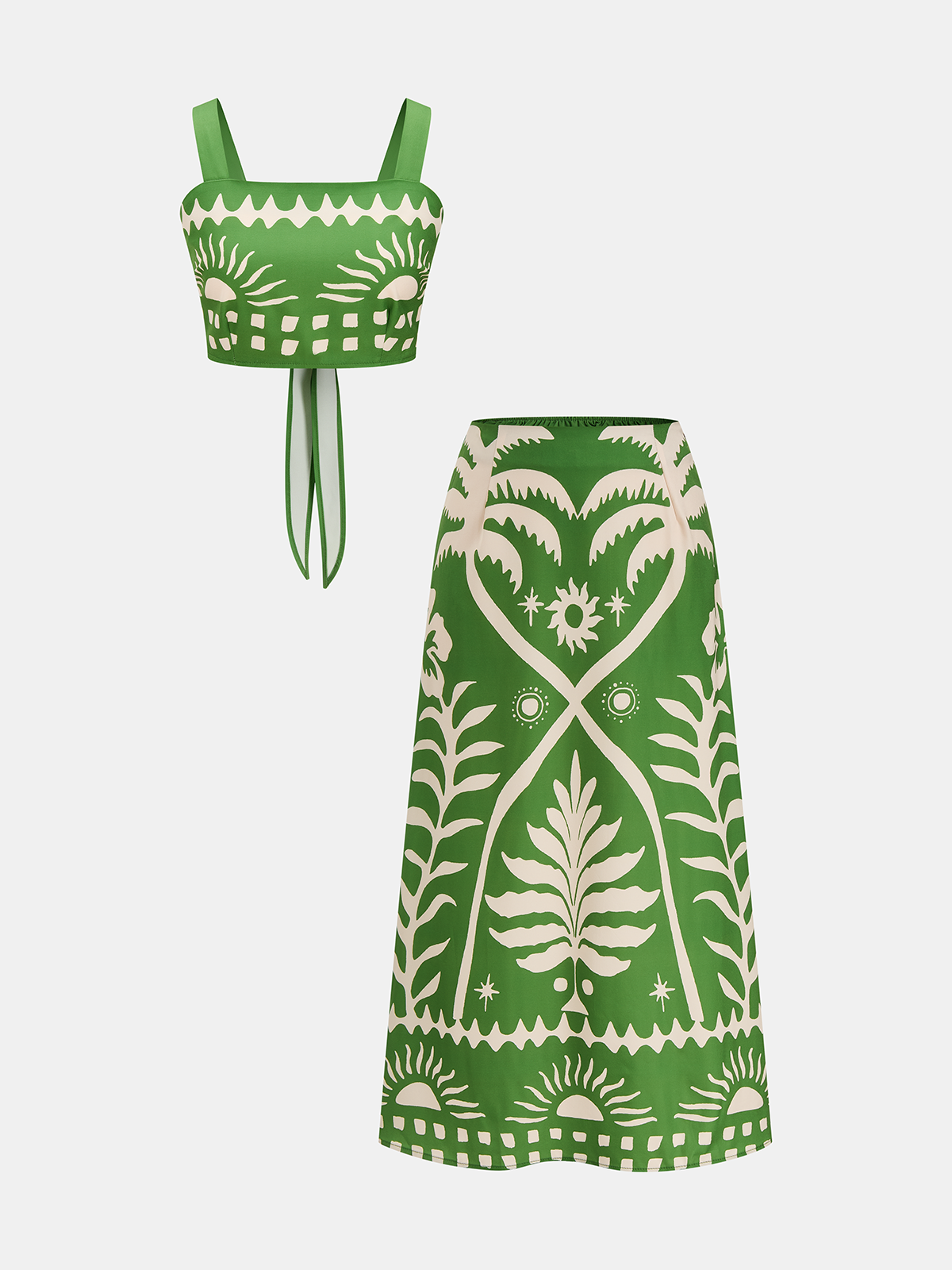 Set de vară imprimat pentru femei, din două piese, cu fustă - top scurt cu decolteu pătrat și cordon la spate și fustă midi vaporoasă în linie A pentru ținute elegante de vacanță