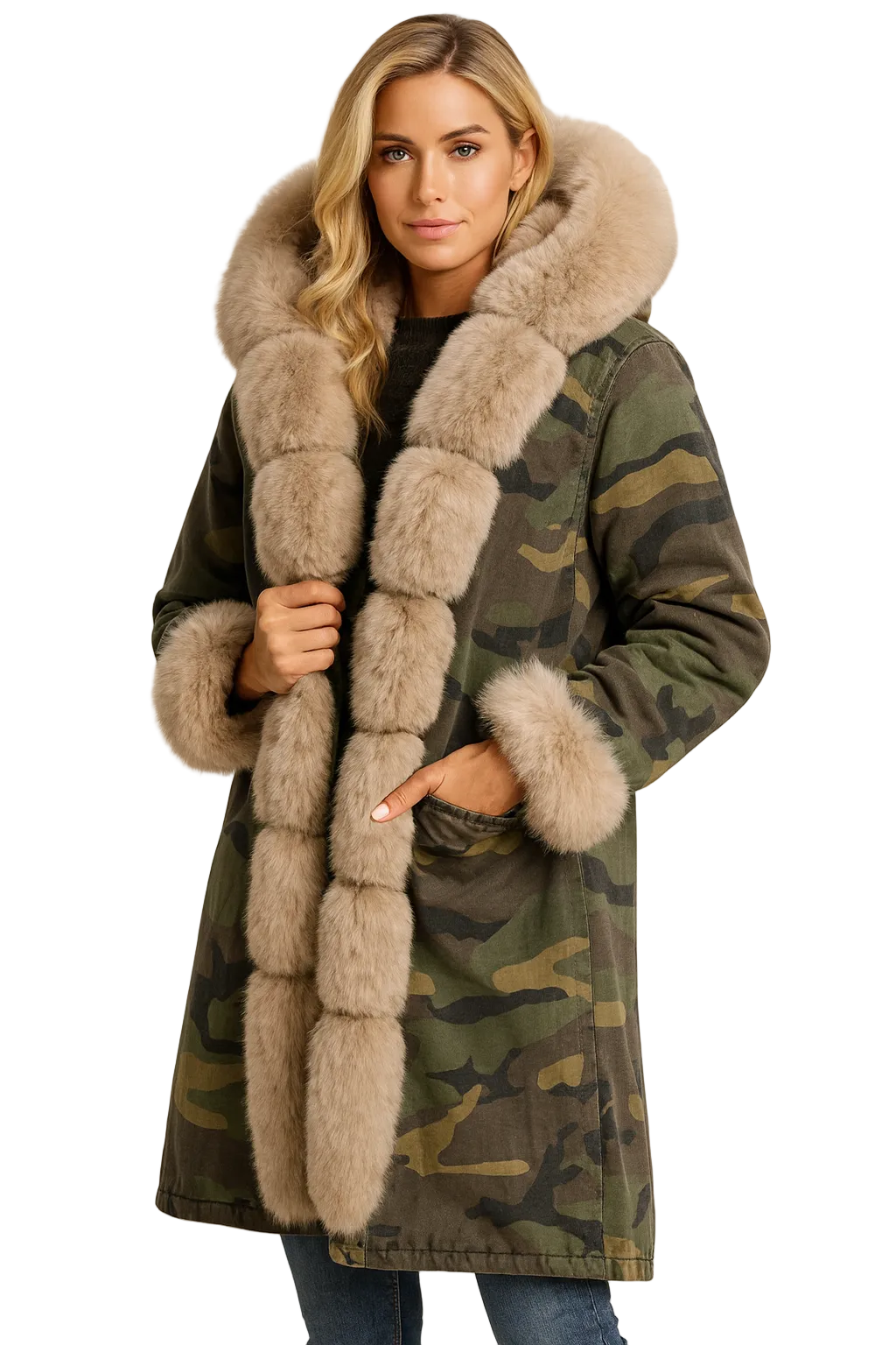 Women’s Longline Camouflage Parka with Oversized Faux Fur Hood and Cuffs – Warm Lined Winter Coat with Statement Front Trim