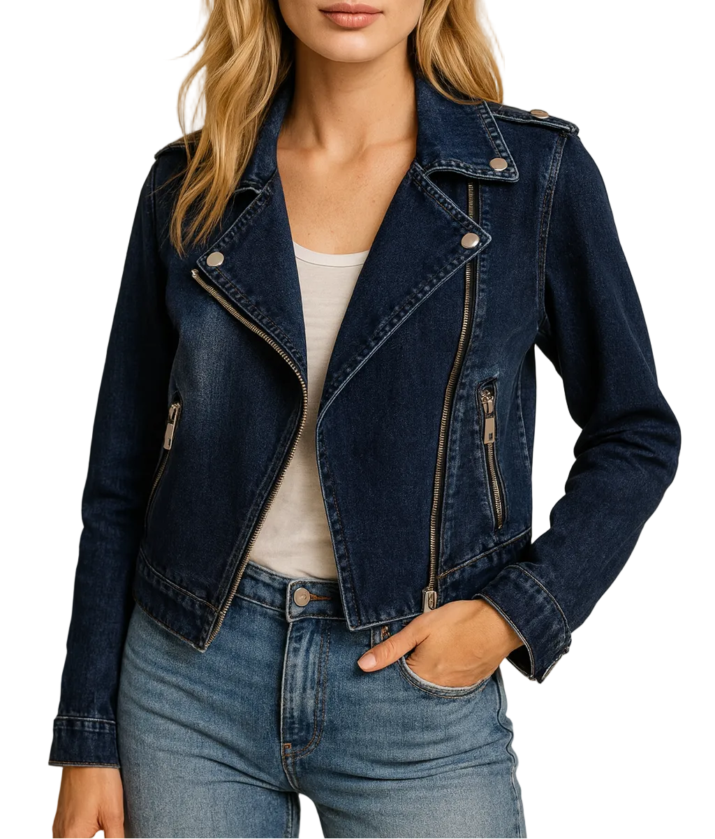 Dames getailleerd spijker-bikerjack met asymmetrische rits en reverskraag - kort stretchjack voor casual styling in lente en herfst