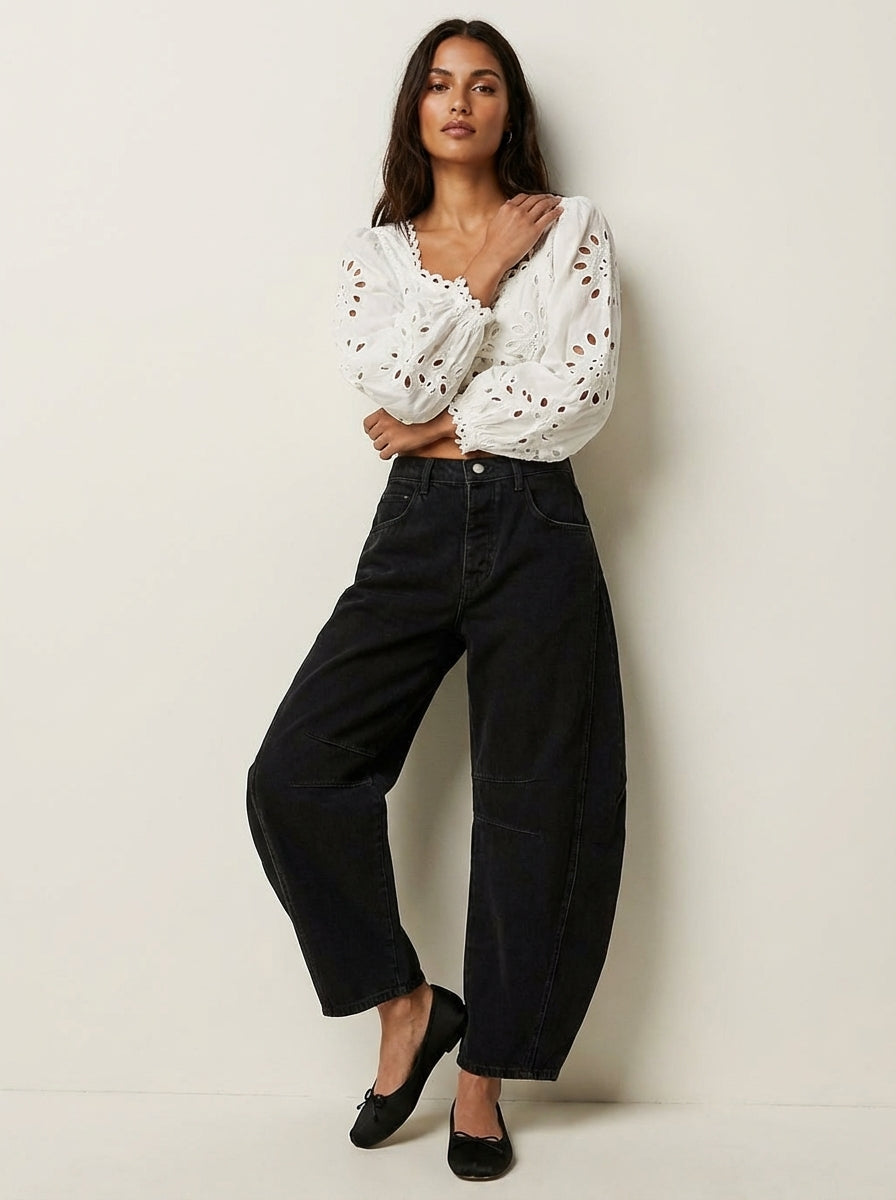 Jeans donna a gamba larga rilassata con vita alta