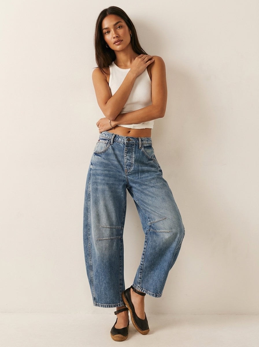 Jeans donna a gamba larga rilassata con vita alta