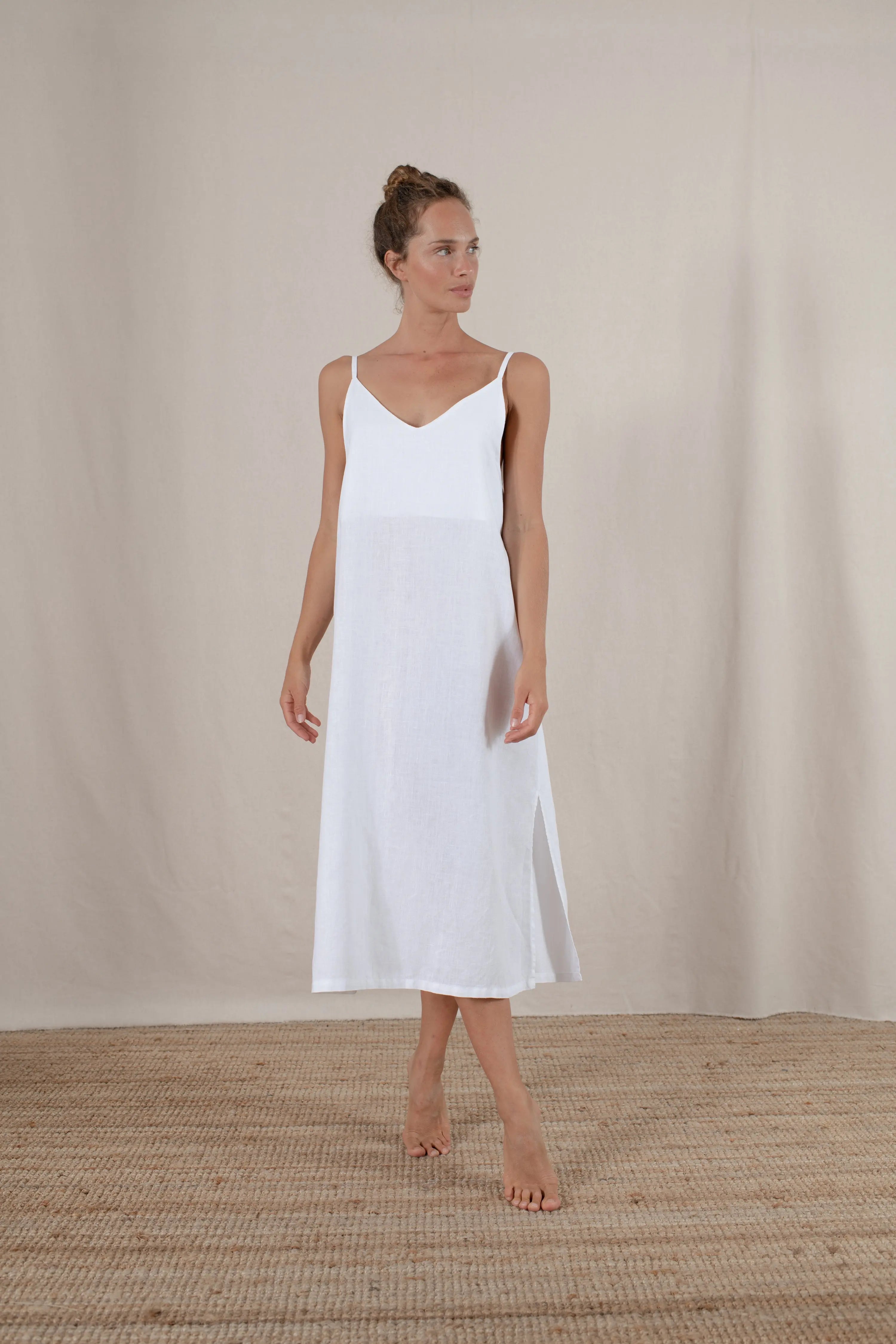 Vestido midi de lino para mujer con abertura lateral, ropa de verano