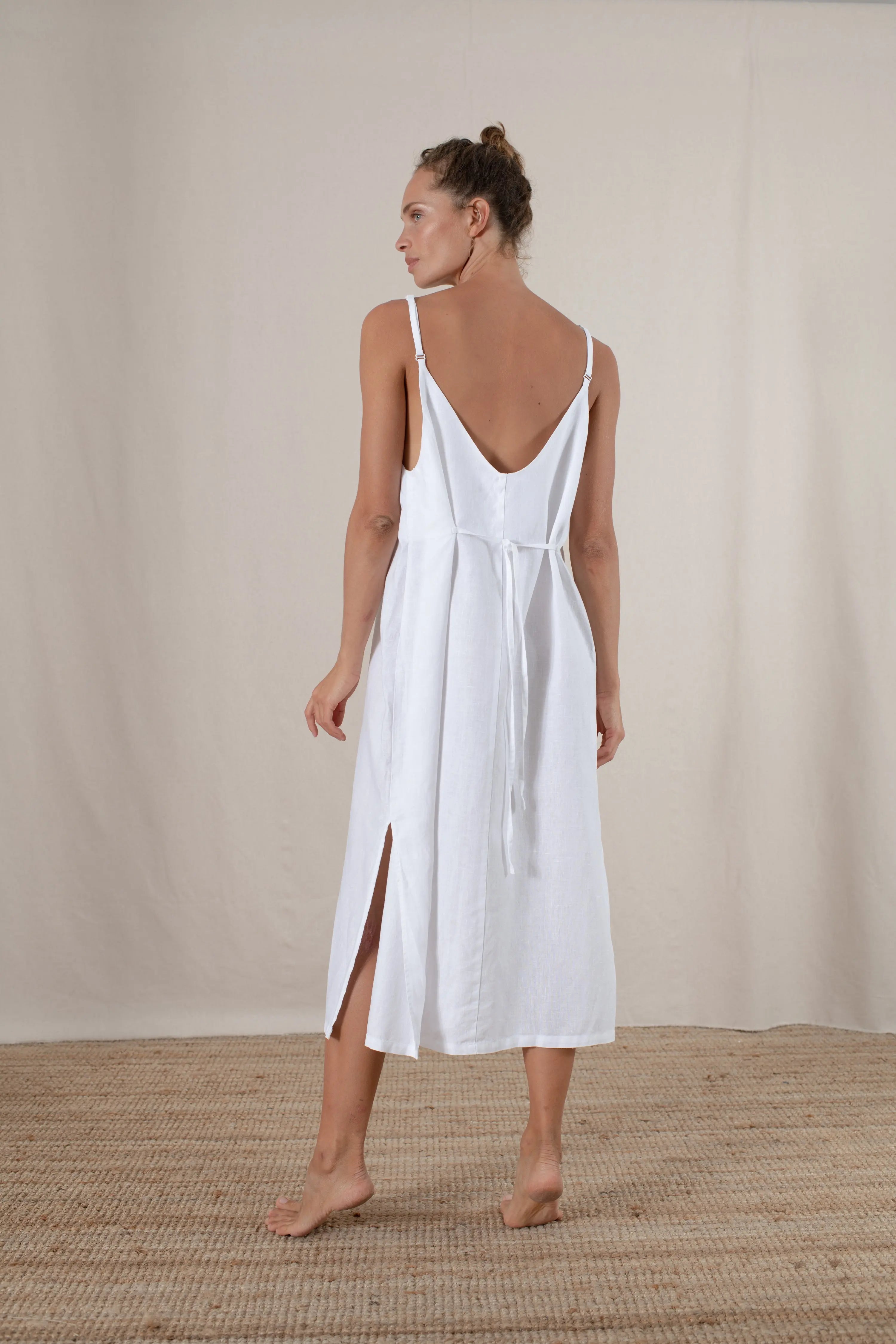Vestido midi de lino para mujer con abertura lateral, ropa de verano