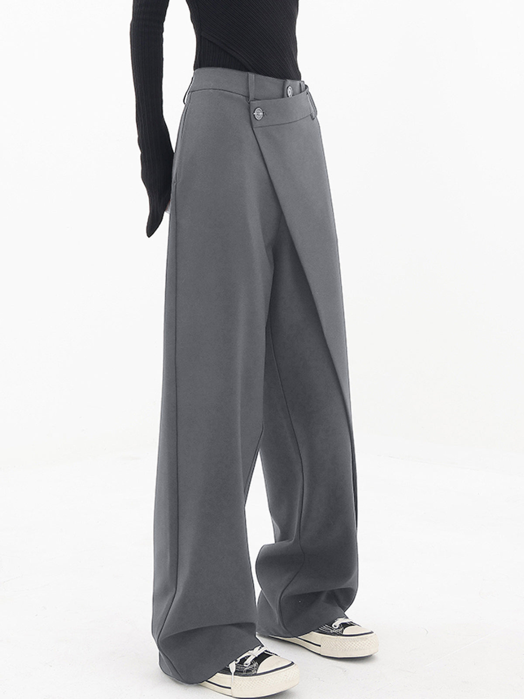 Pantaloni da donna asimmetrici a gamba larga, taglio rilassato e contemporaneo