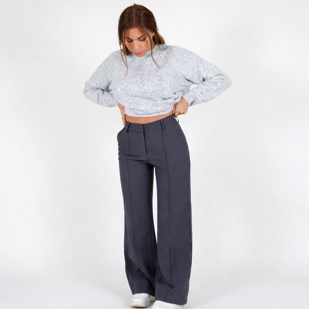 Pantalon droit taille haute pour femme, pantalon habillé avec plis sur le devant et poches latérales