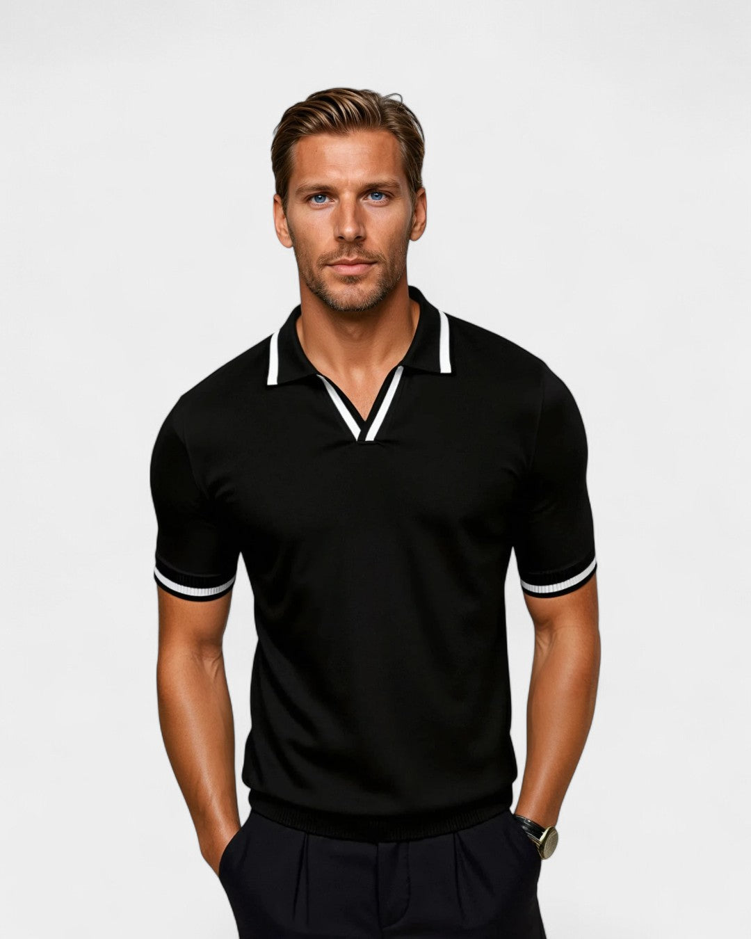Polo da uomo con colletto a contrasto, maniche corte, leggera, traspirante, elegante, smart casual, vestibilità moderna