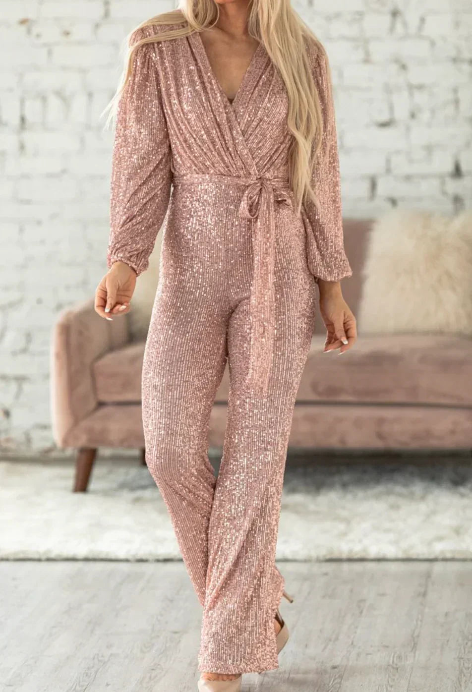 Mono de lentejuelas para mujer – estilo de pierna ancha con cinturón para eventos nocturnos